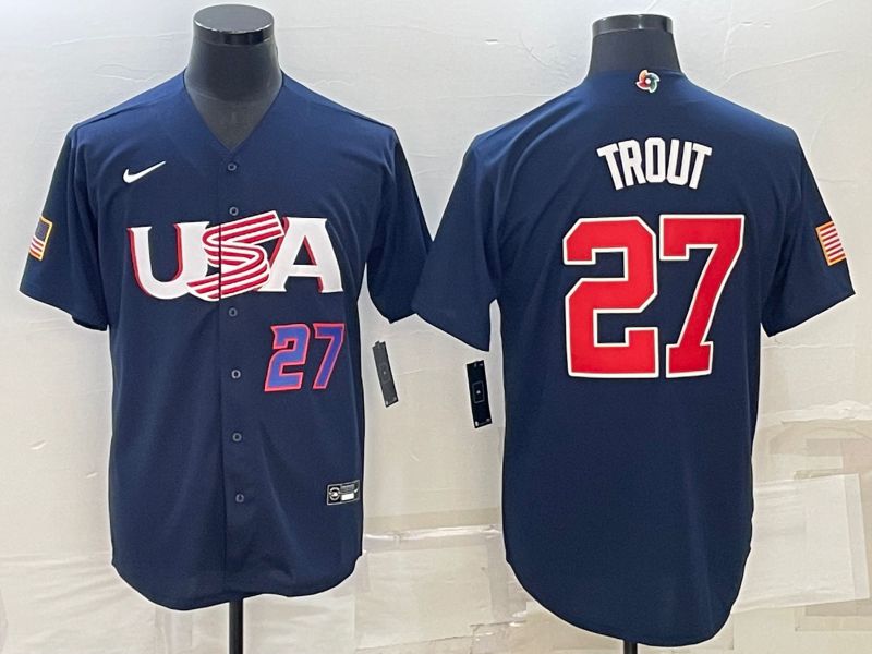 Men 2023 World Cub USA #27 Trout Blue Nike MLB Jersey